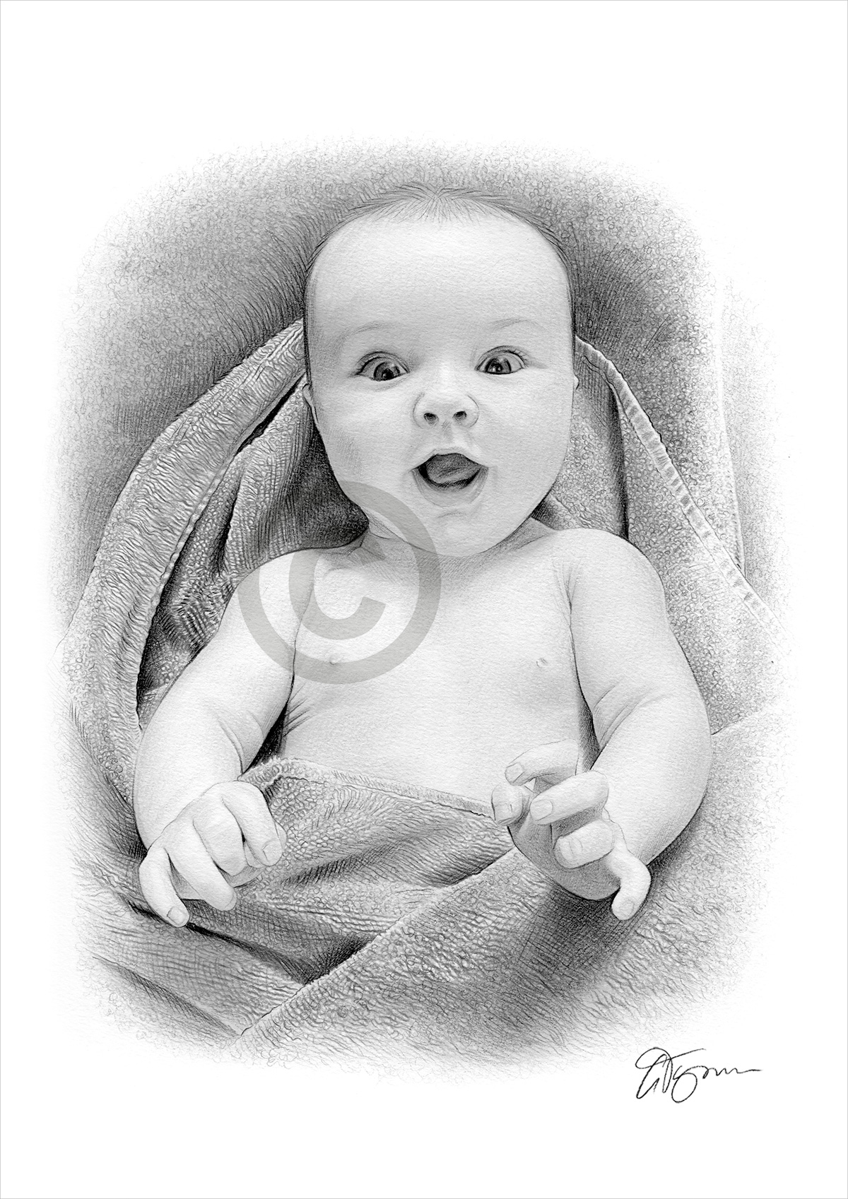 Pet portrait of a a baby in a blanket Portrait commission of a a baby in a blanket by artist Gary Tymon