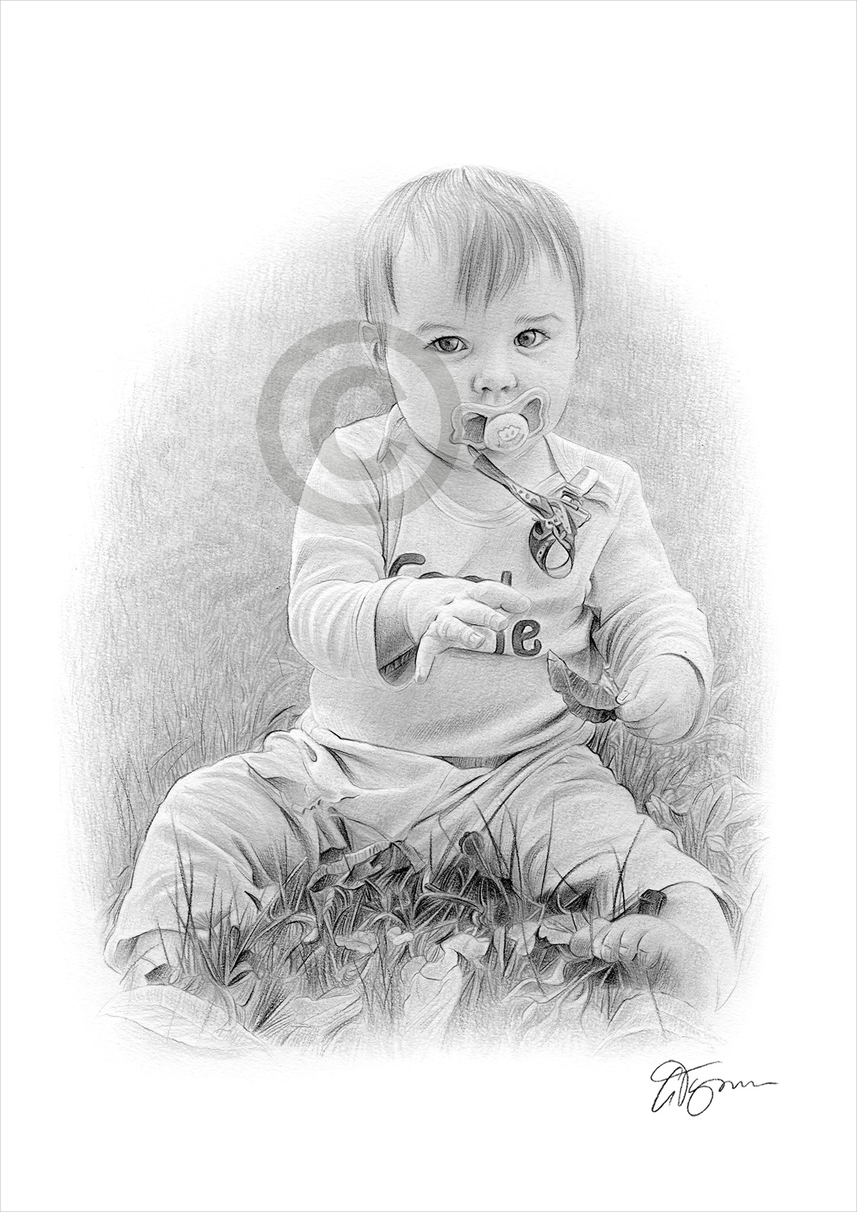 Portrait commission of a baby in the garden by artist Gary Tymon