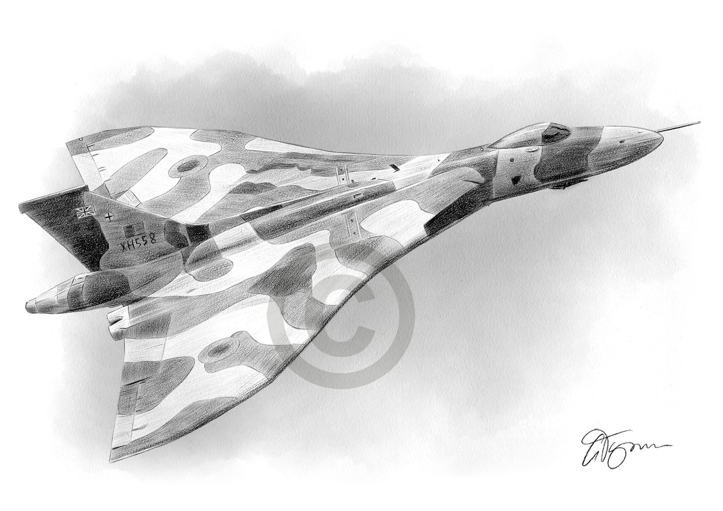 Pencil drawing of a Vulcan plane by artist Gary Tymon